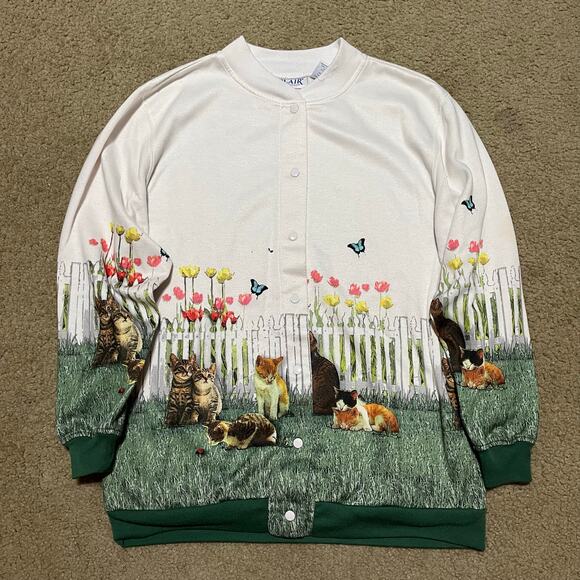 Blair Cat Garden Scene Button Cardigan Sweatshirt Medium - Picture 1 of 6